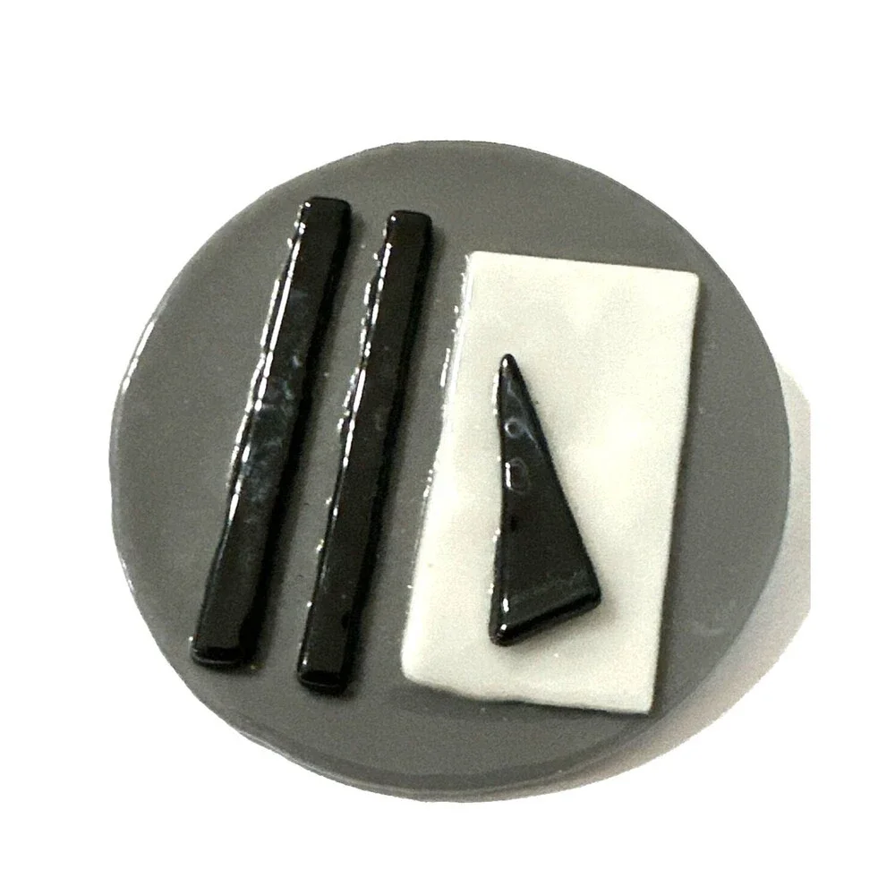 Vintage MCM Modernist Brooch Artisan Abstract Glass Pin Gray White Black 1.75